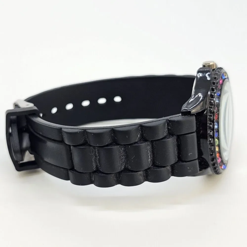 38MM Watch Women Black Dial Multicolor Bezel Black Plastic Bands‎ New Battery